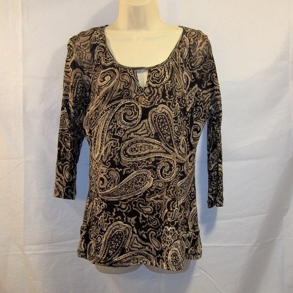 Liz Claiborne Petite Womens Top Blouse Size PL Keyhole Lined Geometric Black Tan - Picture 1 of 6